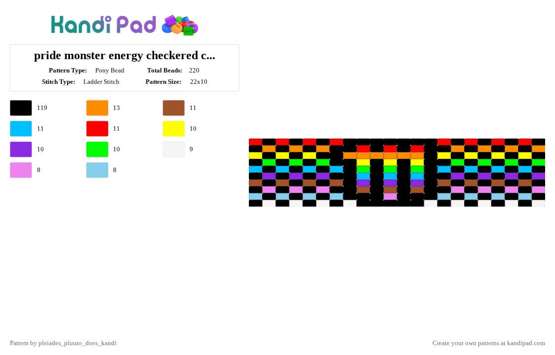 pride monster energy checkered cuff [medium] - Pony Bead Pattern by pluuto_nova_does_kandi on Kandi Pad - black,red,light blue,orange,pride,lgbtq,energy,checkered,redorangeyellowgreenbluepurple,brownlightpinklightbluewhite,monster,cuff