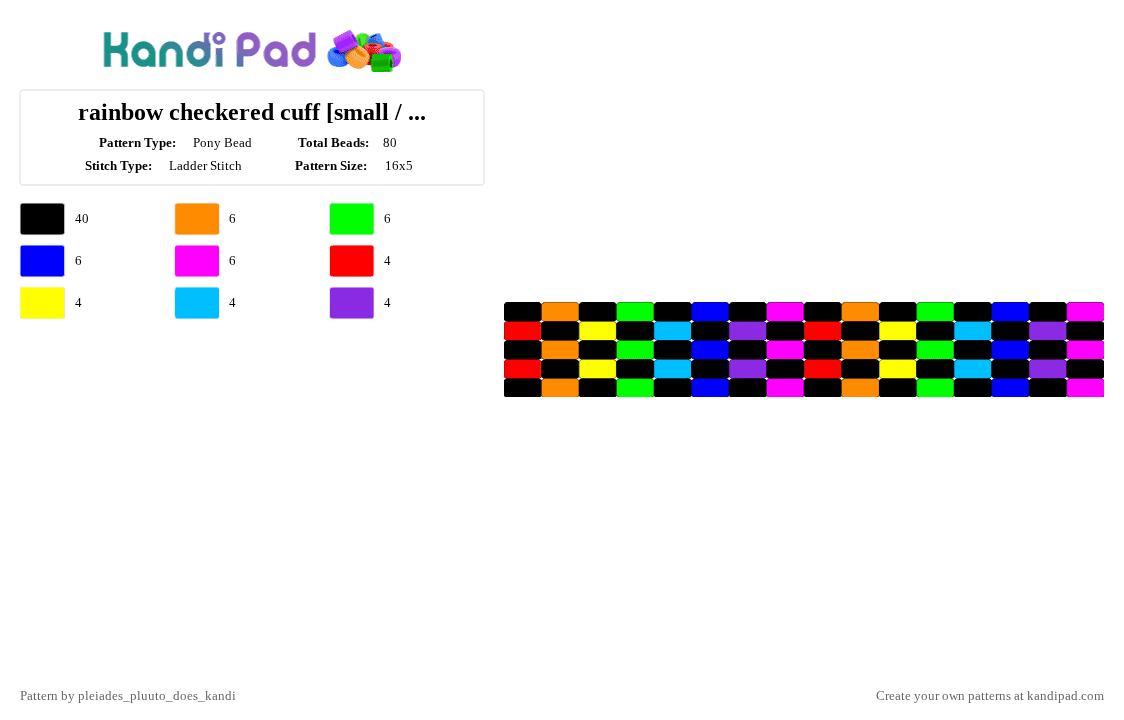 rainbow checkered cuff [small / thin arms] - Pony Bead Pattern by pluuto_nova_does_kandi on Kandi Pad - black,green,pink,colorful,rainbow,checkered,cuff
