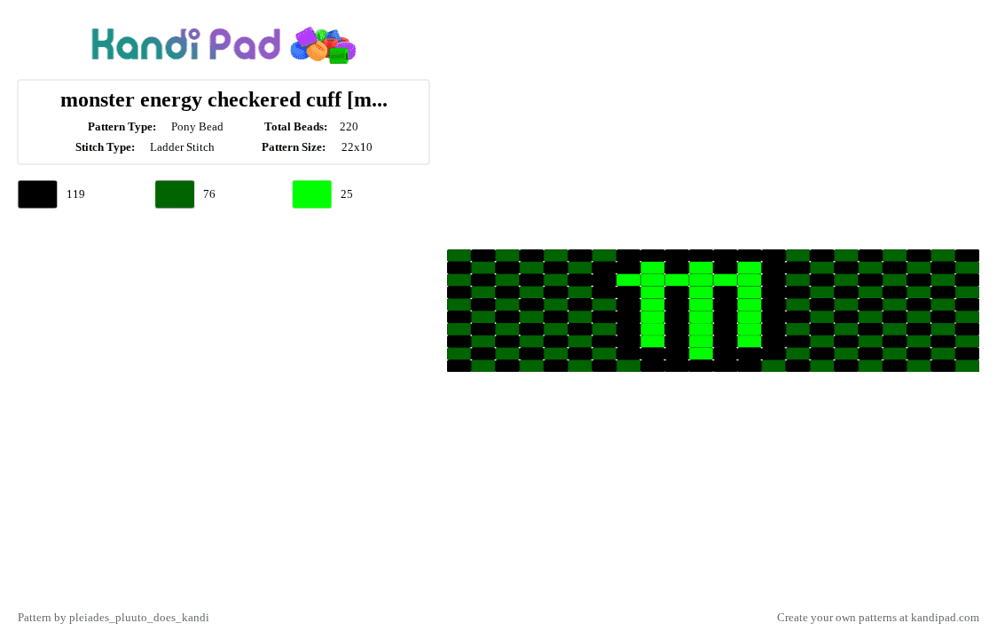 monster energy checkered cuff [medium] - Pony Bead Pattern by pluuto_nova_does_kandi on Kandi Pad - green,black,monsterenergy,monster,cuff,darkgreen,checkered