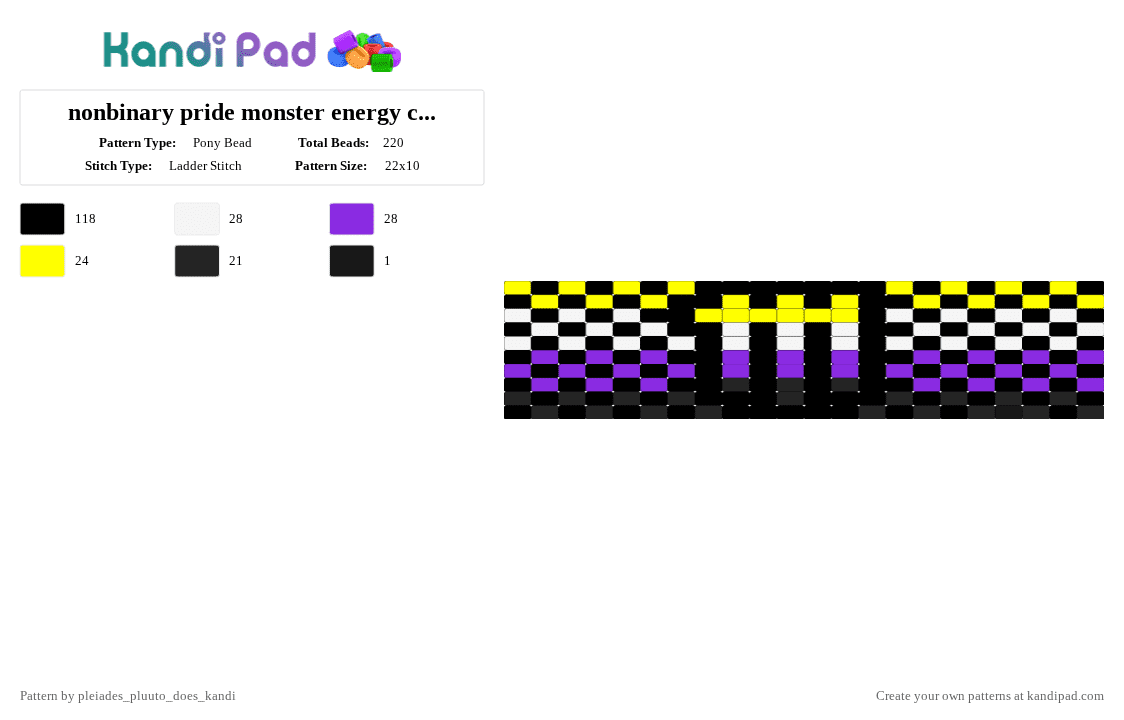 nonbinary pride monster energy checkered cuff - Pony Bead Pattern by pluuto_nova_does_kandi on Kandi Pad - black,yellow,purple,nonbinary,lgbtq,monster,energy,cuff,checkered,blackyellowwhitepurple,pride