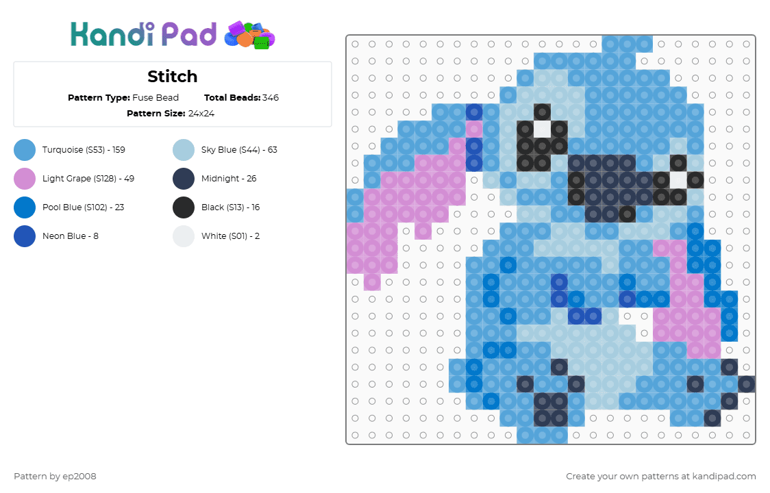 Stitch - Fuse Bead Pattern by ep2008 on Kandi Pad - light blue