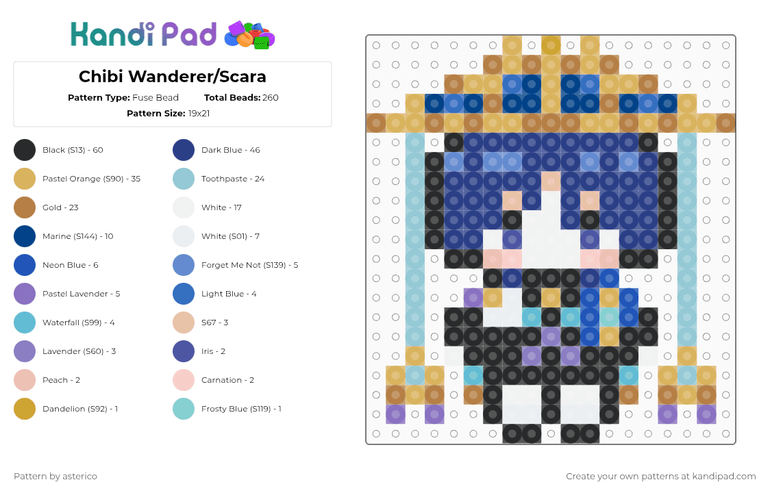Chibi Wanderer/Scara - Fuse Bead Pattern by asterico on Kandi Pad - orange,tan,blue,light blue,genshin,genshin impact,wanderer,scaramouche,chibi