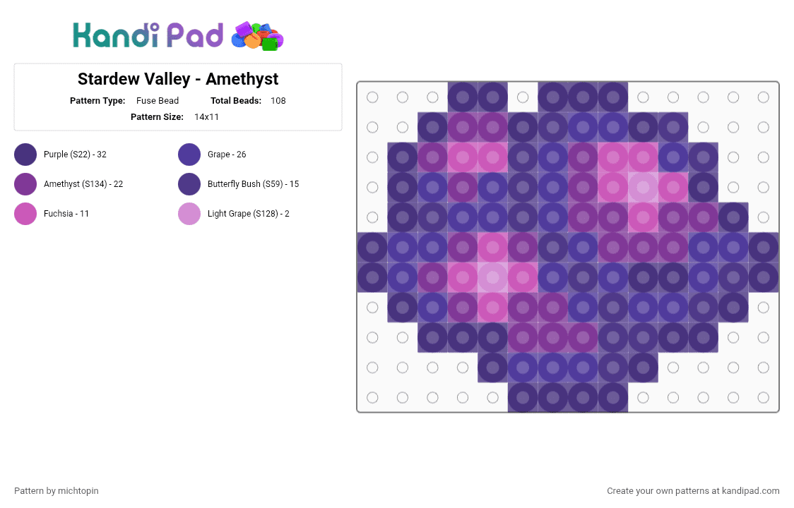 Stardew Valley - Amethyst - Fuse Bead Pattern by michtopin on Kandi Pad - pink, purple