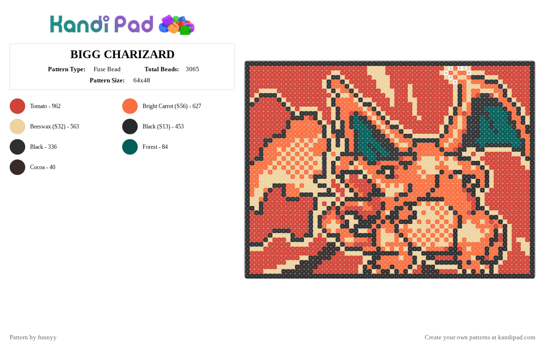 BIGG CHARIZARD - Fuse Bead Pattern by funnyy on Kandi Pad - red,beige,orange
