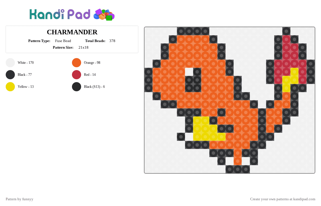 CHARMANDER - Fuse Bead Pattern by funnyy on Kandi Pad - white,orange,pokemon