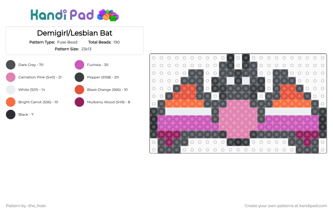 Demigirl/Lesbian Bat - Fuse Bead Pattern by -the_host- on Kandi Pad - gray,pink,pride,flag,bat,cute,charm,perler,demigirl,lesbian