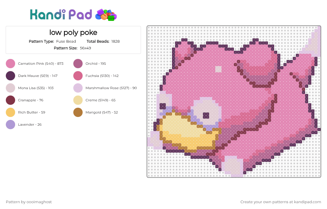 low poly poke - Fuse Bead Pattern by oooimaghost on Kandi Pad - pink,low poly,pokemon,slowpoke,cute,kawaii,chibi,video game