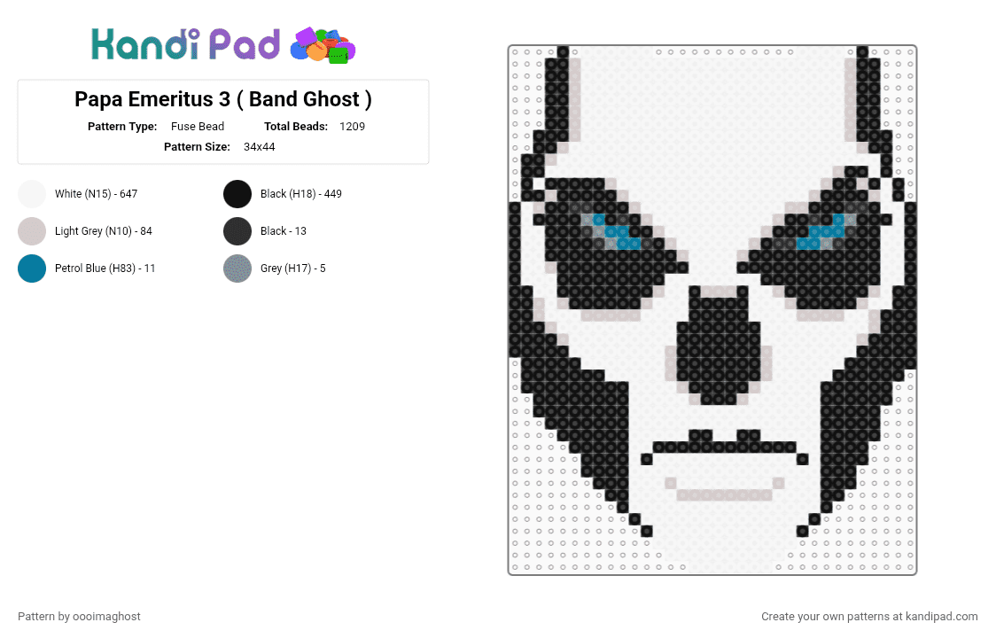 Papa Emeritus 3 ( Band Ghost ) - Fuse Bead Pattern by oooimaghost on Kandi Pad - white,beige,the band ghost,ghost,papa,priest,spooky,mask,band,metal