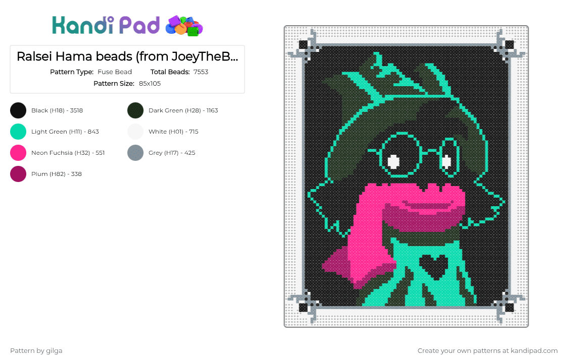 Ralsei Hama beads (from JoeyTheBoey) - Fuse Bead Pattern by gilga on Kandi Pad - black,teal,pink