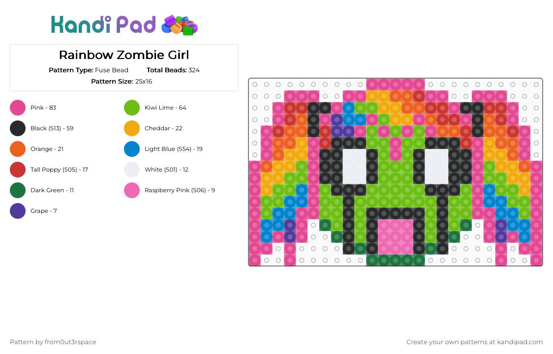 Rainbow Zombie Girl - Fuse Bead Pattern by from0ut3rspace on Kandi Pad - green,pink,orange,zombie,rainbow,perler,zombiegirl