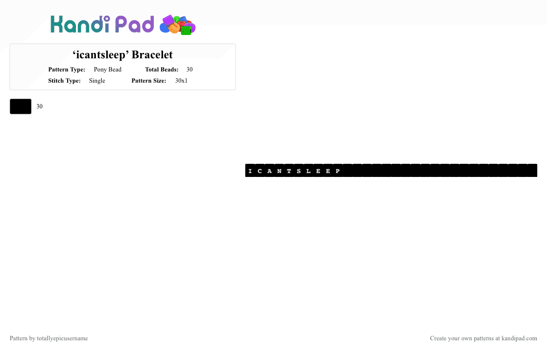 ‘icantsleep’ Bracelet - Pony Bead Pattern by 666 on Kandi Pad - black,nia,icantsleep,gore,moe,y2k emo gothic,analog horror,nosleep666