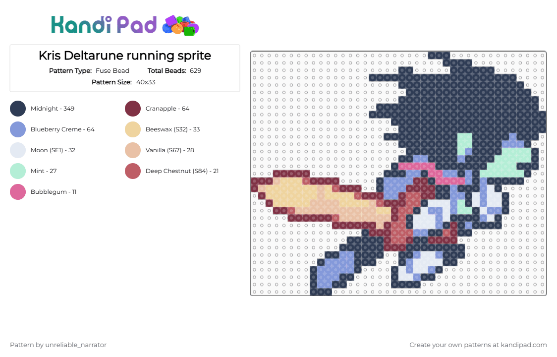 Kris Deltarune running sprite - Fuse Bead Pattern by unreliable_narrator on Kandi Pad - deltarune, deltarune chapter 5, kris, kris deltarune, light blue, platformer, purple, roaring knight probably, toby fox