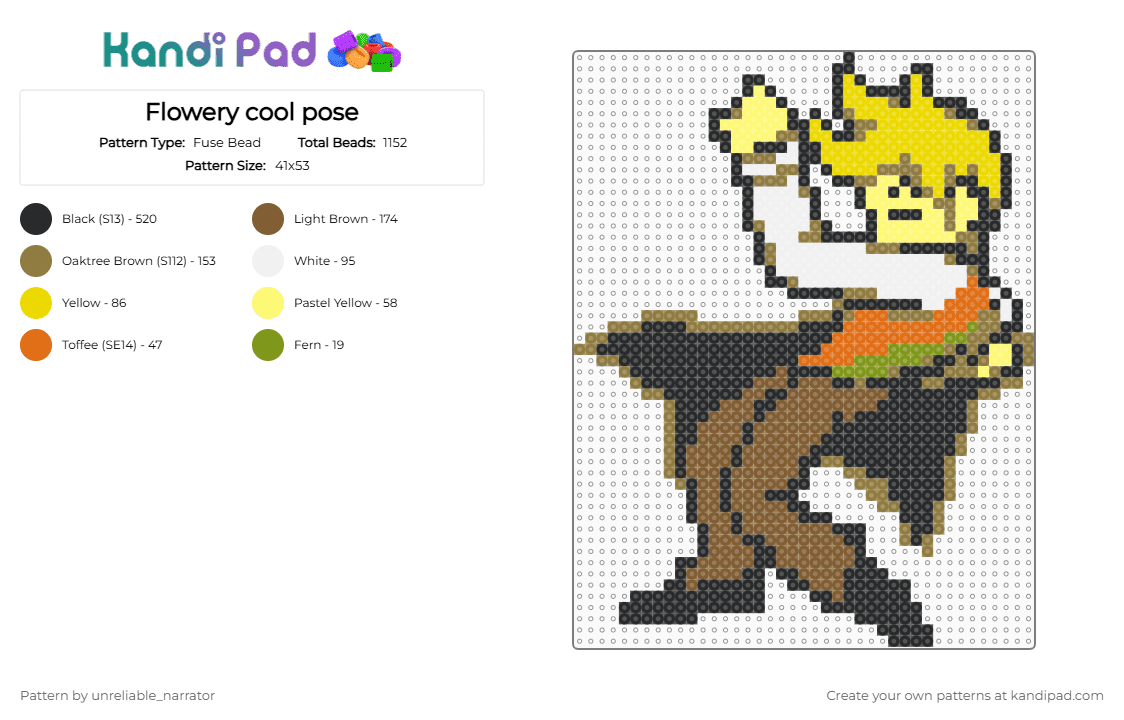Flowery cool pose - Fuse Bead Pattern by unreliable_narrator on Kandi Pad - deltarune, deltarune chapter 5, flowery, gold, golden flower, tan, toby fox, yellow