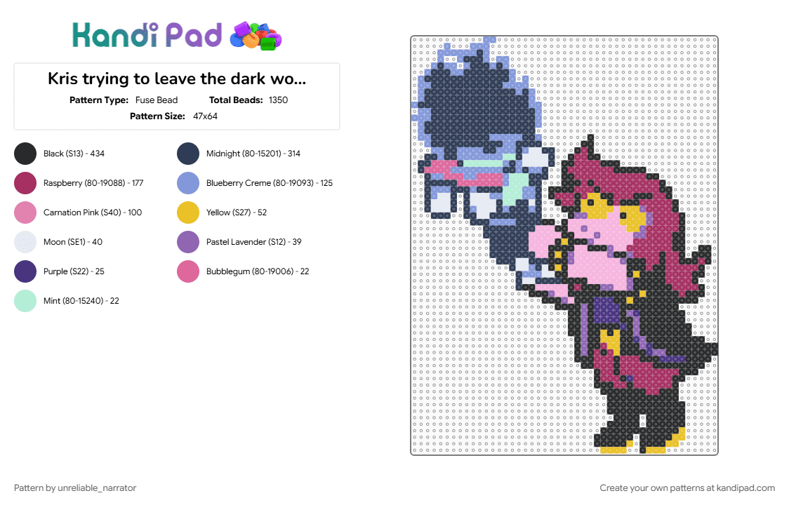 Kris trying to leave the dark world and Susie stopping them - Fuse Bead Pattern by unreliable_narrator on Kandi Pad - dark fountain, deltarune, deltarune chapter 5, kris, kris deltarune, pink, purple, susie, susie deltarune, toby fox