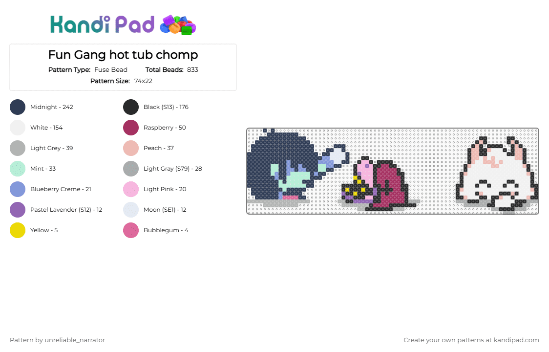 Fun Gang hot tub chomp - Fuse Bead Pattern by unreliable_narrator on Kandi Pad - beige, deltarune, deltarune chapter 5, kris, kris deltarune, pink, purple, ralsei, susie, susie deltarune, toby fox
