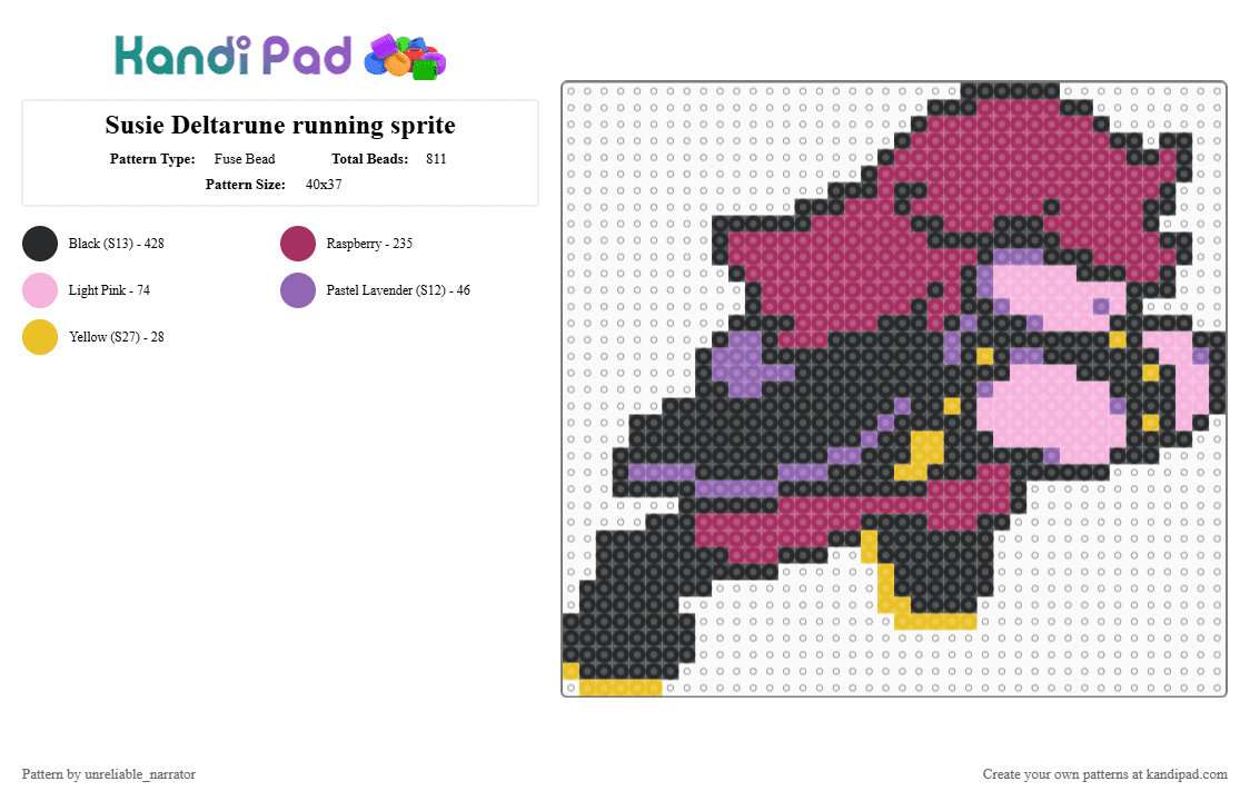 Susie Deltarune running sprite - Fuse Bead Pattern by unreliable_narrator on Kandi Pad - deltarune, deltarune chapter 5, pink, platformer, susie, susie deltarune, toby fox