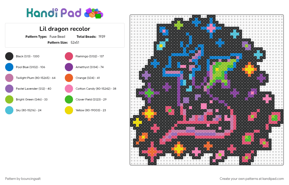Lil dragon recolor - Fuse Bead Pattern by bouncingsalt on Kandi Pad - black, blue, pink, red