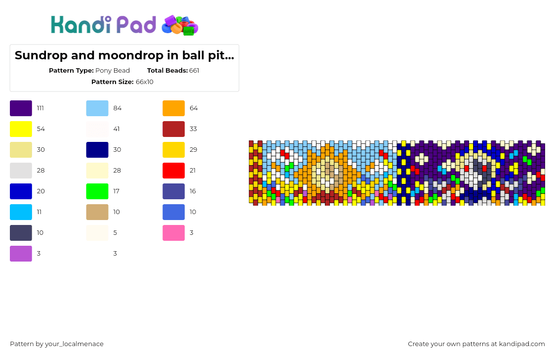 Sundrop and moondrop in ball pit cuff - Pony Bead Pattern by your_localmenace on Kandi Pad - sundrop,moondrop,fnaf,five nights at freddys,video game,horror,cuff,colorful,light blue,purple,orange