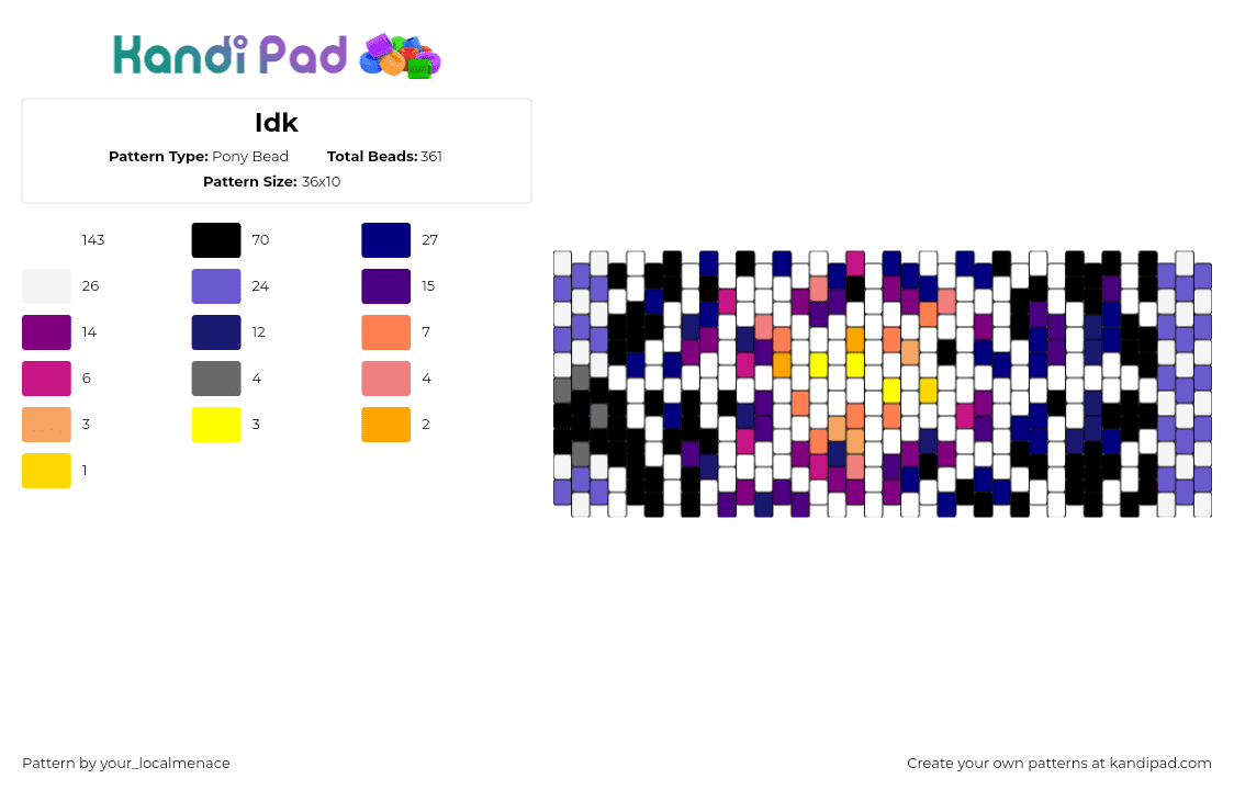 Idk - Pony Bead Pattern by your_localmenace on Kandi Pad - web,random,colorful,cuff,white,purple,orange