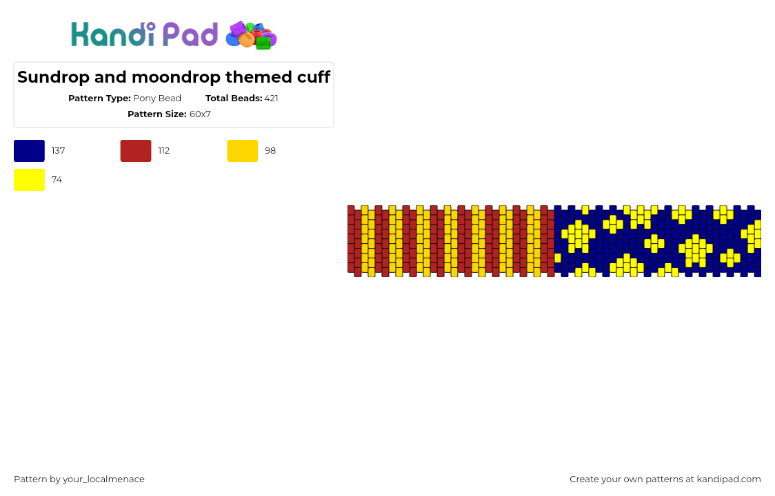 Sundrop and moondrop themed cuff - Pony Bead Pattern by your_localmenace on Kandi Pad - sundrop,moondrop,fnaf,five nights at freddys,stripes,horror,stars,cuff,red,yellow,blue