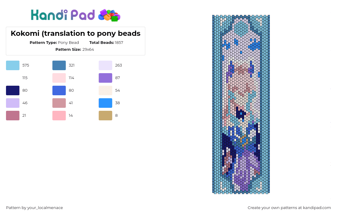 Kokomi (translation to pony beads - Pony Bead Pattern by your_localmenace on Kandi Pad - sangonomiya kokomi,genshin impact,character,anime,banner,teal,pink