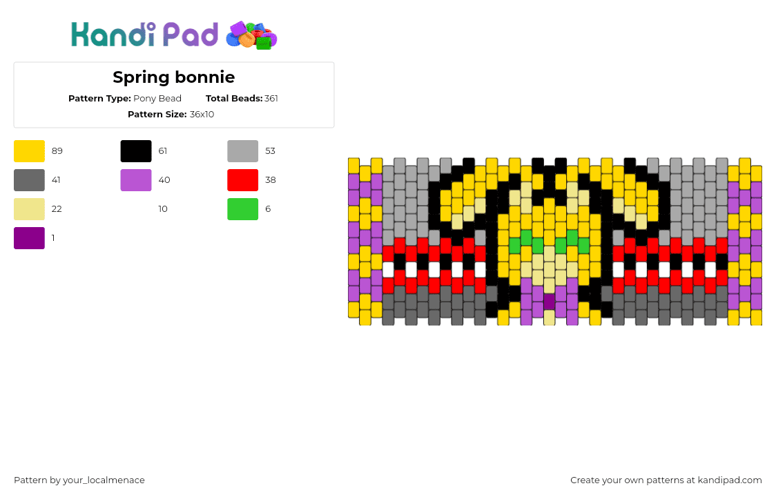 Spring bonnie - Pony Bead Pattern by your_localmenace on Kandi Pad - spring bonnie,fnaf,five nights at freddys,bunny,character,cuff,horror,video game,colorful,yellow,gray,red,purple