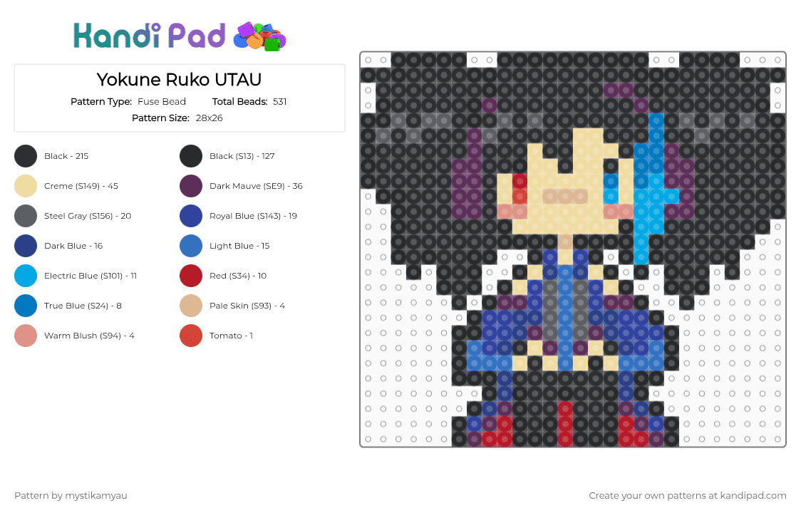 Yokune Ruko UTAU - Fuse Bead Pattern by mystikamyau on Kandi Pad - black,pink,blue,beige,utau,utauloid,synth,vsynth