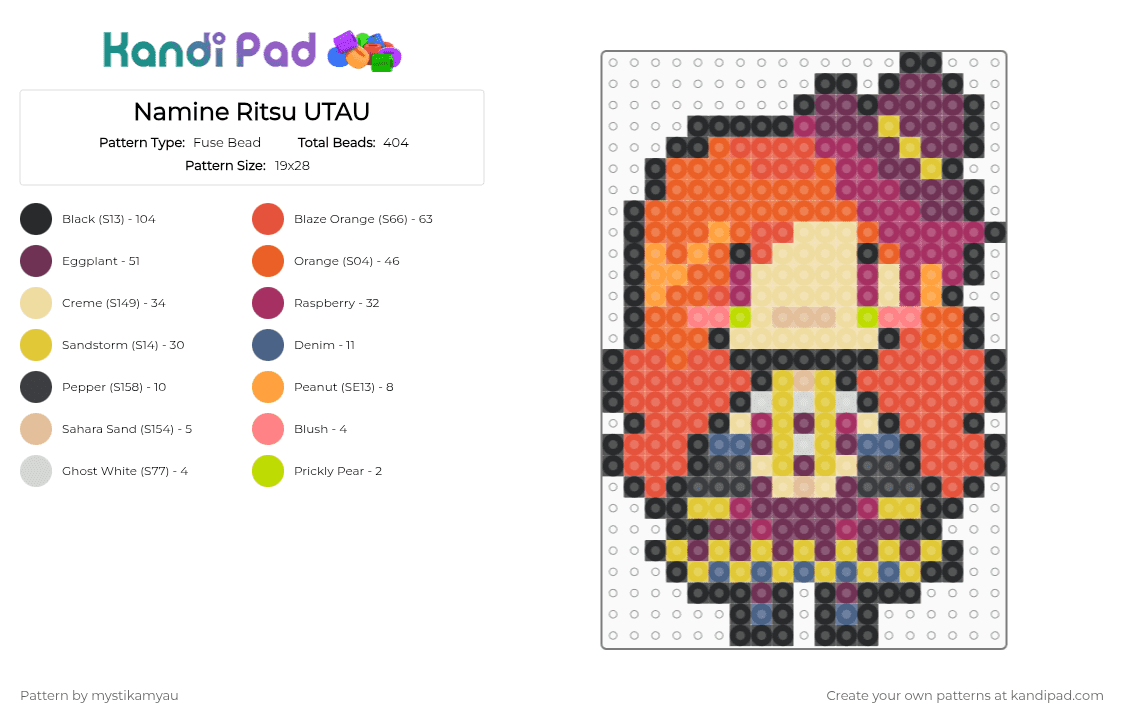 Namine Ritsu UTAU - Fuse Bead Pattern by mystikamyau on Kandi Pad - beige,red,orange,pink,charm,utauloid,vipperloid,synthesizer
