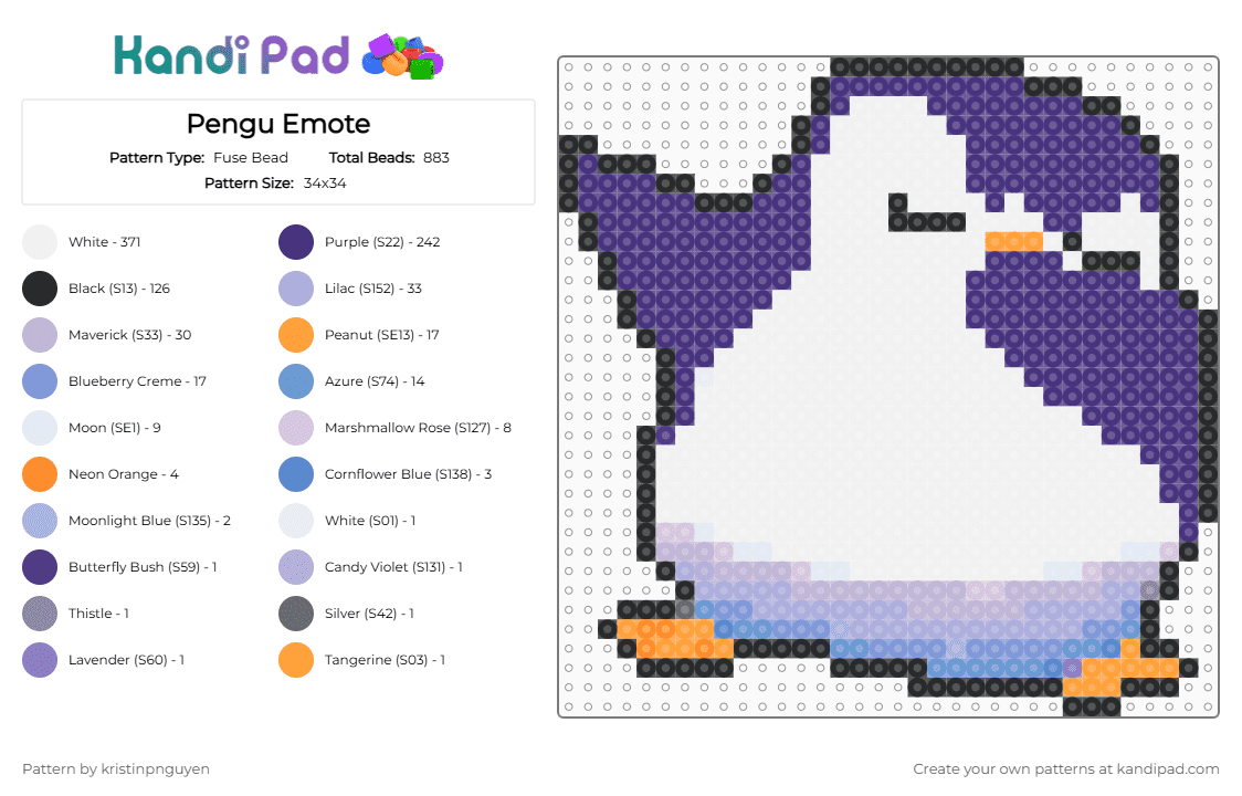 Pengu Emote - Fuse Bead Pattern by kristinpnguyen on Kandi Pad - white,purple,pink