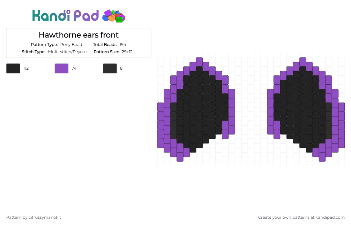Hawthorne ears front - Pony Bead Pattern by citrussymanokit on Kandi Pad - black, purple