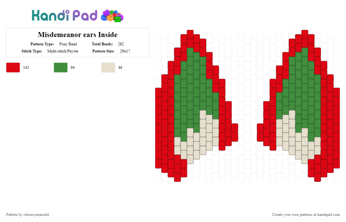 Misdemeanor ears Inside - Pony Bead Pattern by citrussymanokit on Kandi Pad - green, red
