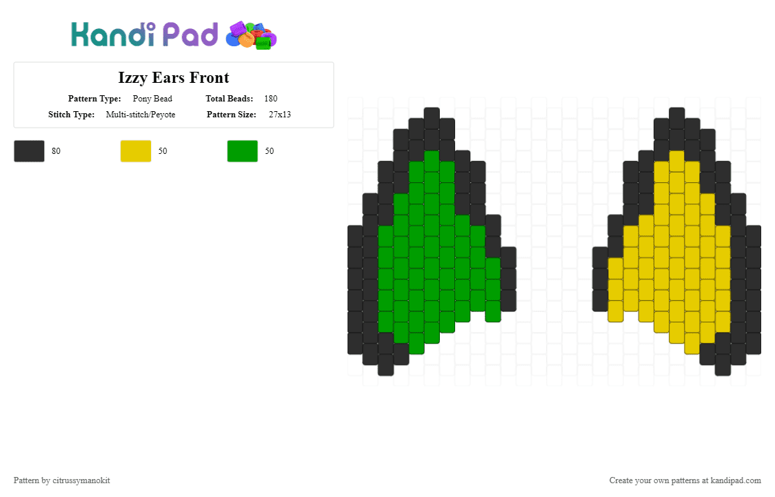 Izzy Ears Front - Pony Bead Pattern by citrussymanokit on Kandi Pad - green, yellow