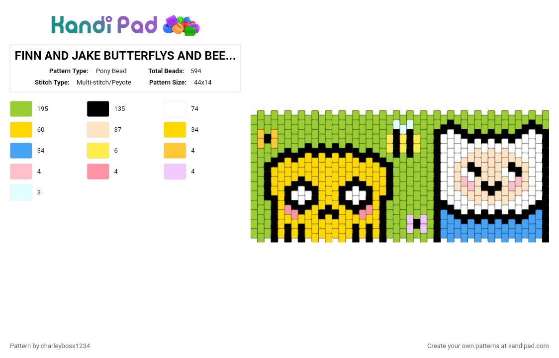 FINN AND JAKE BUTTERFLYS AND BEES CUFF - Pony Bead Pattern by charleyboss1234 on Kandi Pad - green,yellow