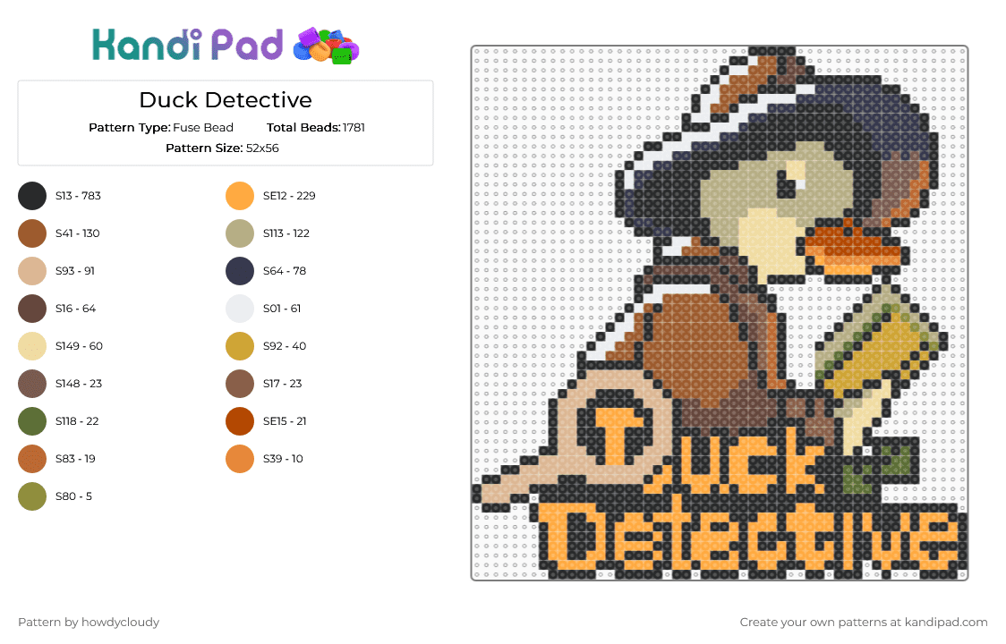 Duck Detective - Fuse Bead Pattern by howdycloudy on Kandi Pad - black,tan,beige,orange,cotdmysterynovels