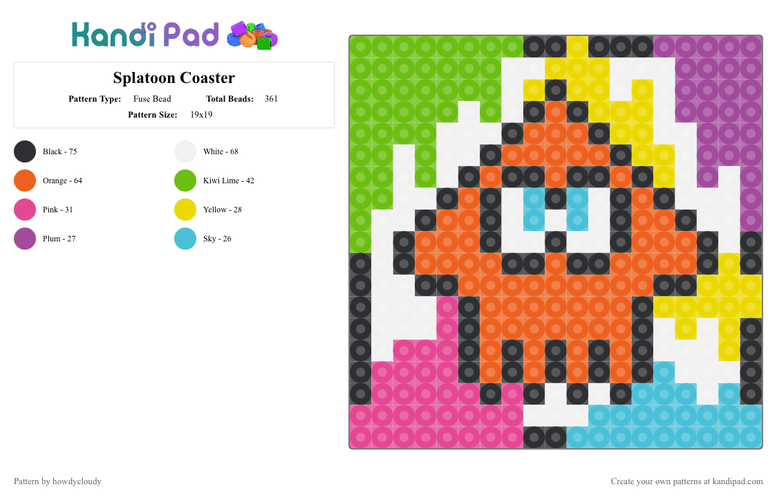 Splatoon Coaster - Fuse Bead Pattern by howdycloudy on Kandi Pad - orange,pink,green