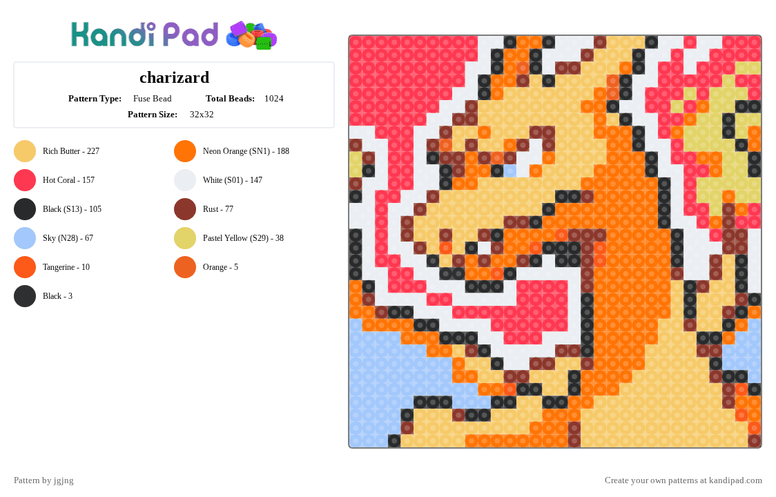 charizard - Fuse Bead Pattern by jgjng on Kandi Pad - yellow,red,orange