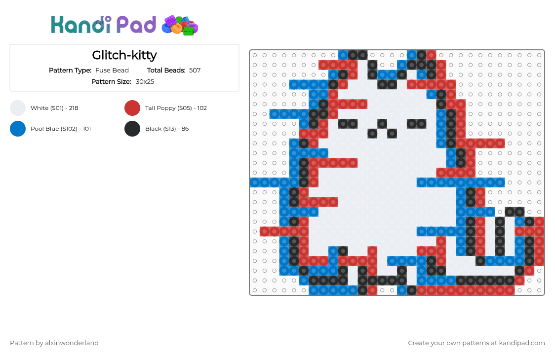 Glitch-kitty - Fuse Bead Pattern by alxinwonderland on Kandi Pad - blue,red,cat,glitch,glitchcore,kitty