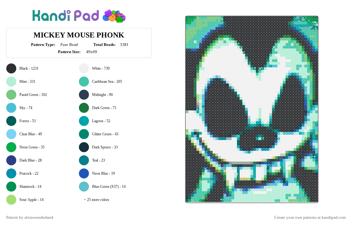 MICKEY MOUSE PHONK - Fuse Bead Pattern by alxinwonderland on Kandi Pad - black,white,teal,light blue,colorful
