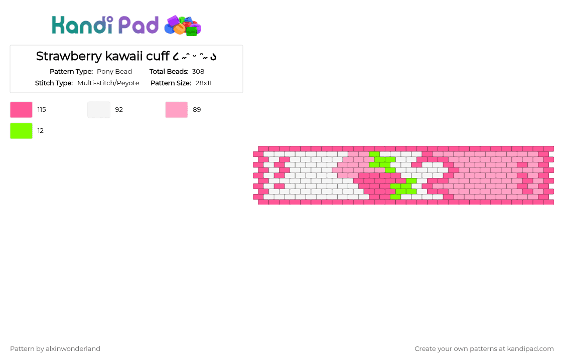 Strawberry kawaii cuff ૮ ˶ᵔ ᵕ ᵔ˶ ა - Pony Bead Pattern by alxinwonderland on Kandi Pad - pink,strawberry,peyote,kawaii