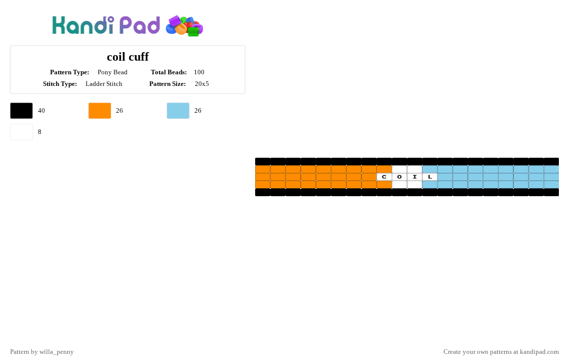 coil cuff - Pony Bead Pattern by willa_penny on Kandi Pad - light blue, orange, phighting