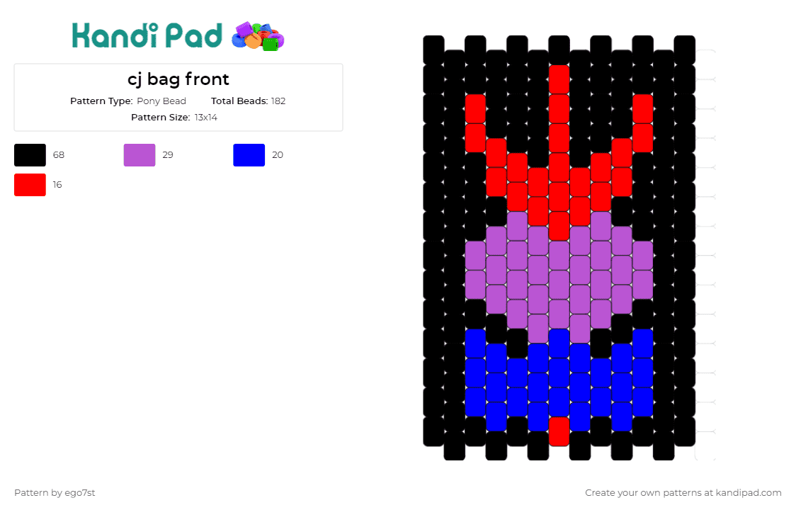 cj bag front - Pony Bead Pattern by ego7st on Kandi Pad - bag,accessory,red,purple,blue,statement,vibrant,bold,black,classic