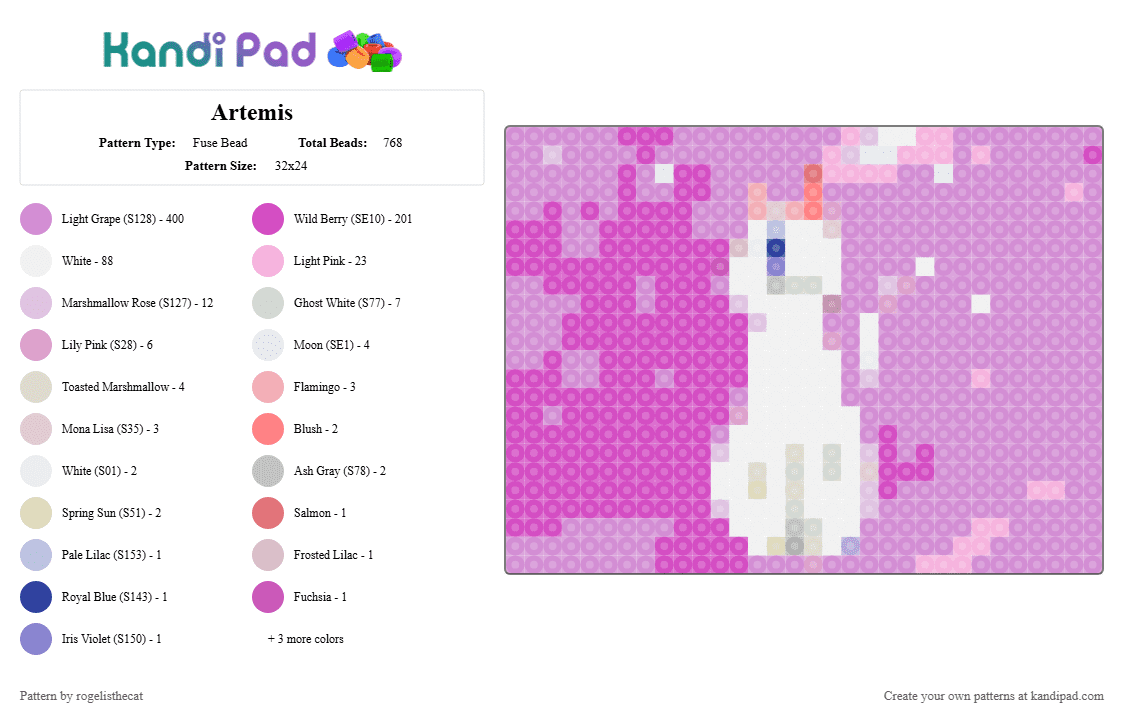 Artemis - Fuse Bead Pattern by rogelisthecat on Kandi Pad - pink