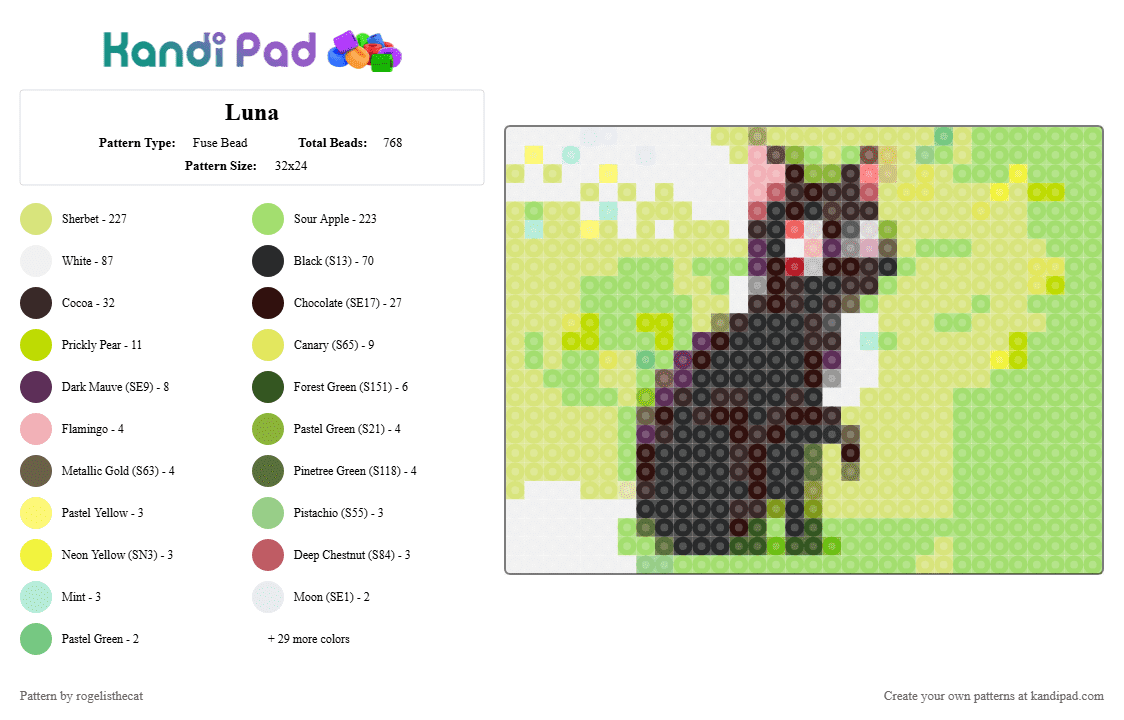 Luna - Fuse Bead Pattern by rogelisthecat on Kandi Pad - yellow,green,brown