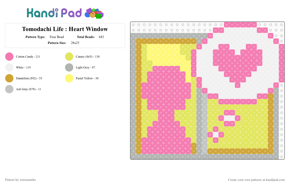 Tomodachi Life : Heart Window - Fuse Bead Pattern by wimiastmhs on Kandi Pad - pink,yellow,tomodachilife,heart window,tomodachi,tomodachi life