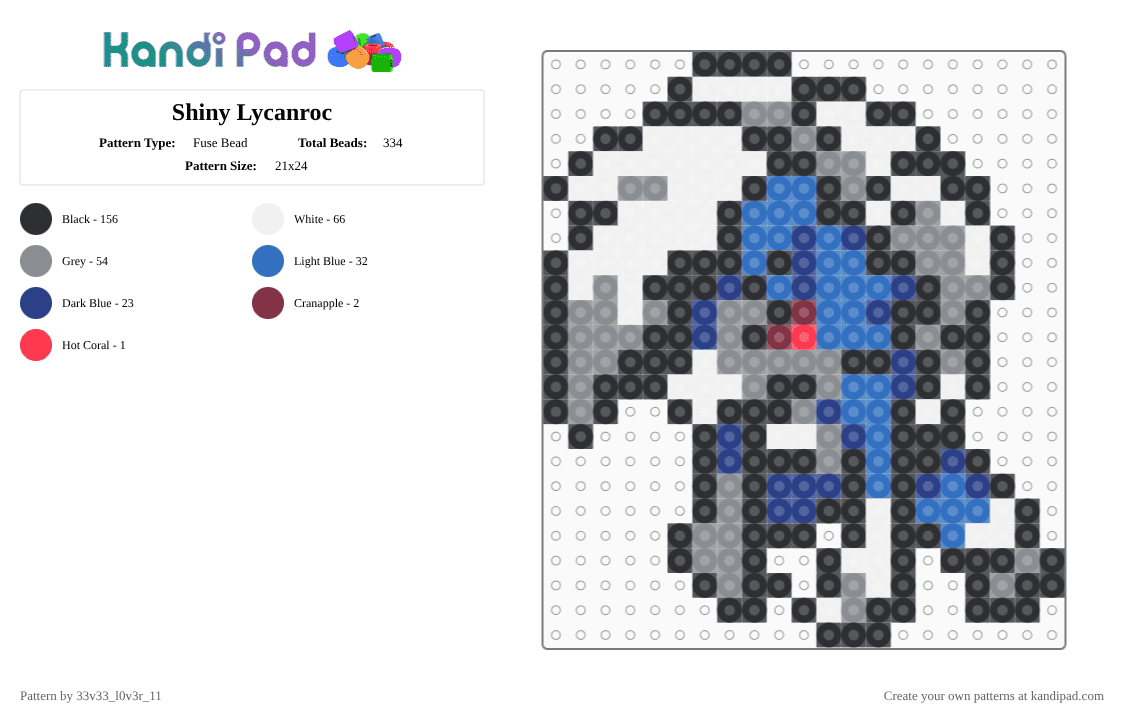 Shiny Lycanroc - Fuse Bead Pattern by 33v33_l0v3r_11 on Kandi Pad - black,gray,blue