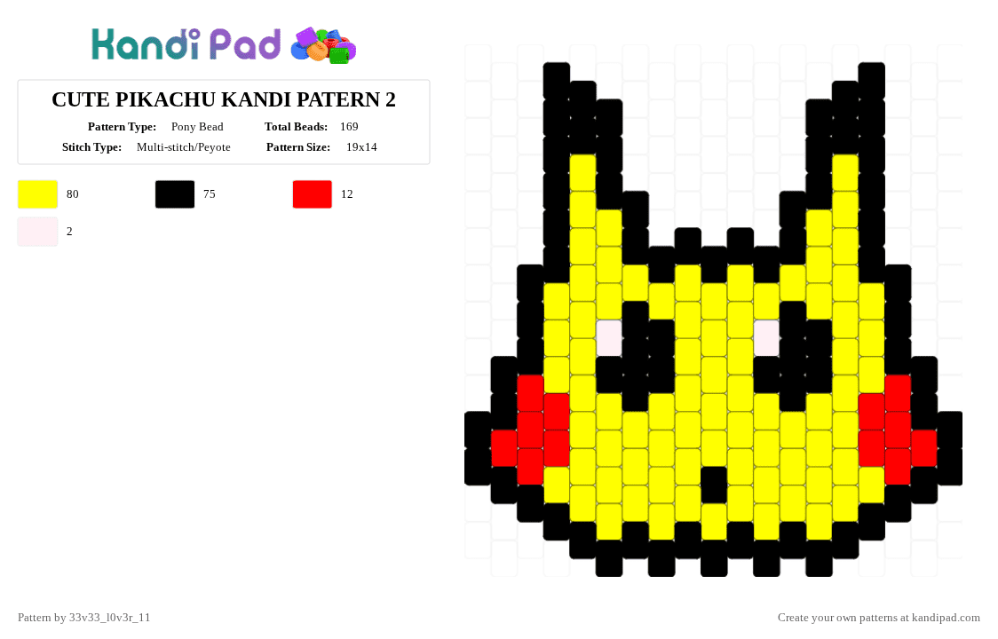 CUTE PIKACHU KANDI PATERN 2 - Pony Bead Pattern by 33v33_l0v3r_11 on Kandi Pad - yellow