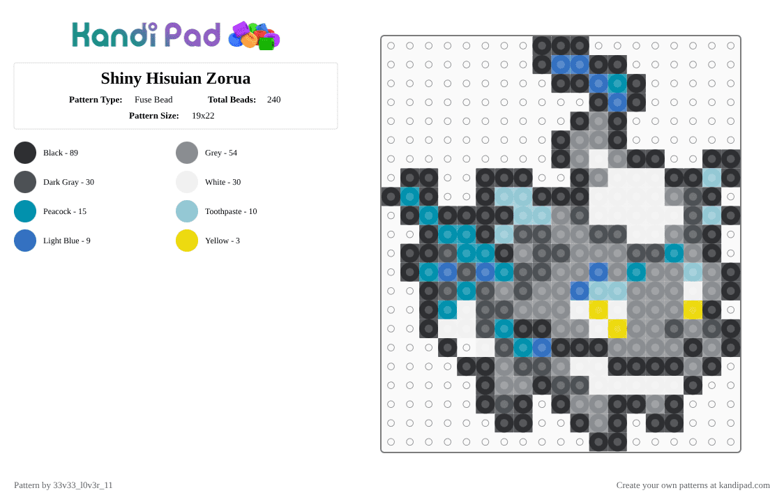 Shiny Hisuian Zorua - Fuse Bead Pattern by 33v33_l0v3r_11 on Kandi Pad - gray