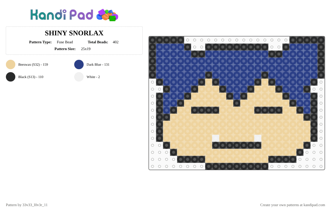 SHINY SNORLAX - Fuse Bead Pattern by 33v33_l0v3r_11 on Kandi Pad - blue,beige