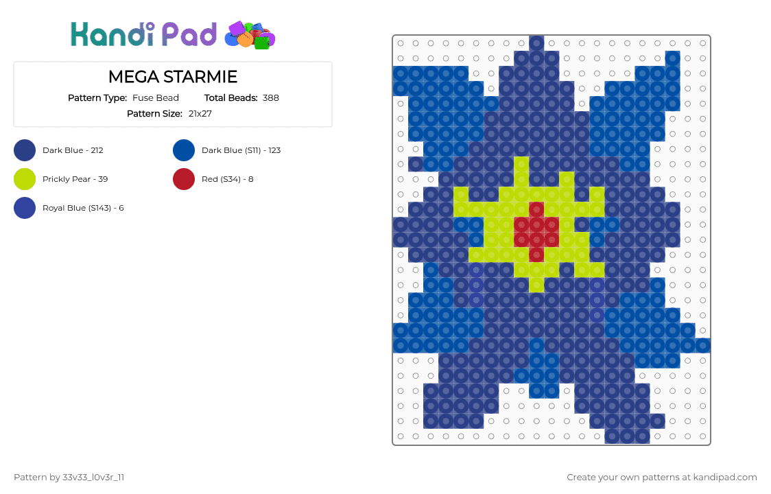 MEGA STARMIE - Fuse Bead Pattern by 33v33_l0v3r_11 on Kandi Pad - blue