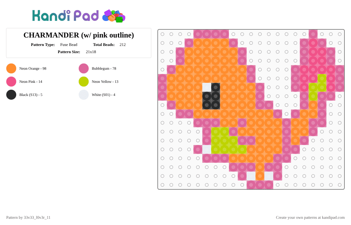 CHARMANDER (w/ pink outline) - Fuse Bead Pattern by 33v33_l0v3r_11 on Kandi Pad - pink,orange